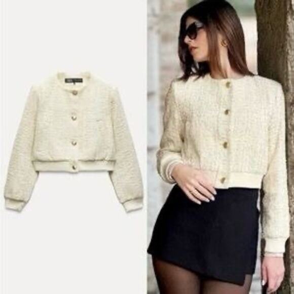 Zara Weave Bomber Jacket in Cream Size Small - Picture 3 of 11